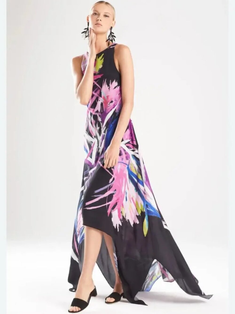 NATORI Prism Maxi Dress Silk Abstract Floral Gown Black & Pink Summer Party 6
